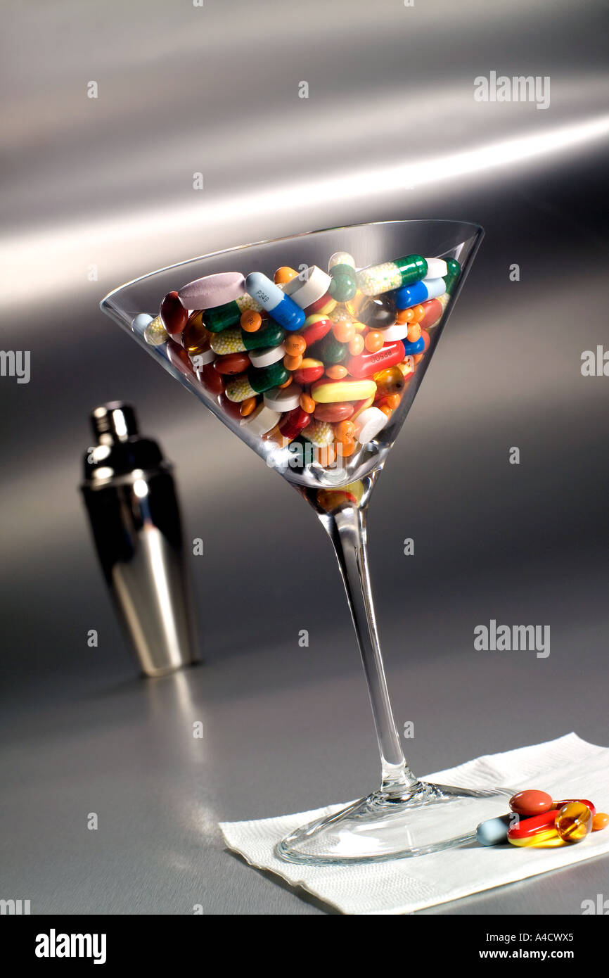 Martini glass of pills. Stock Photo