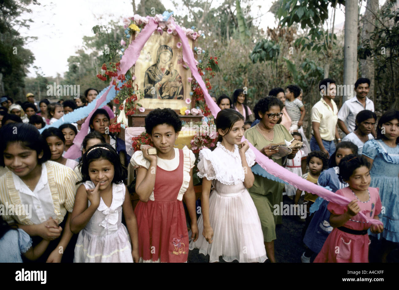 Girls carry an icon of Virgin Mary in a church  procession, Gaza under Israeli occupation,  Gaza,   Israel Stock Photo