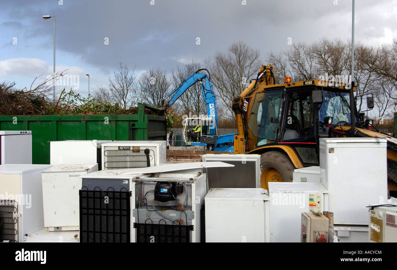 Fridges and a machine operator in Redbridge Oxford Recycling Centre
