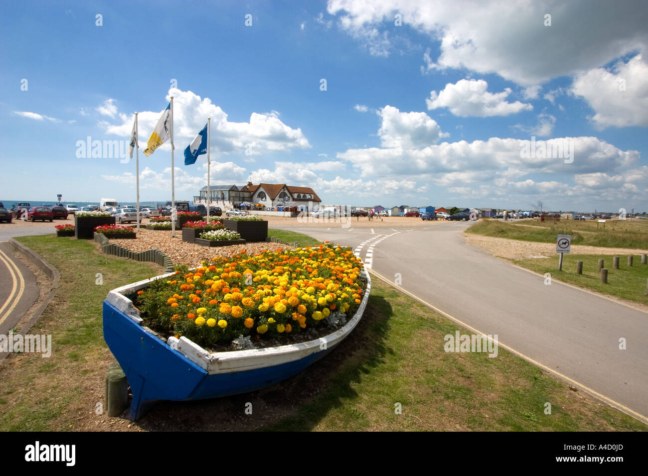 Boat of flowers nr Inn on the Beach Hayling Island Hampshire Stock
