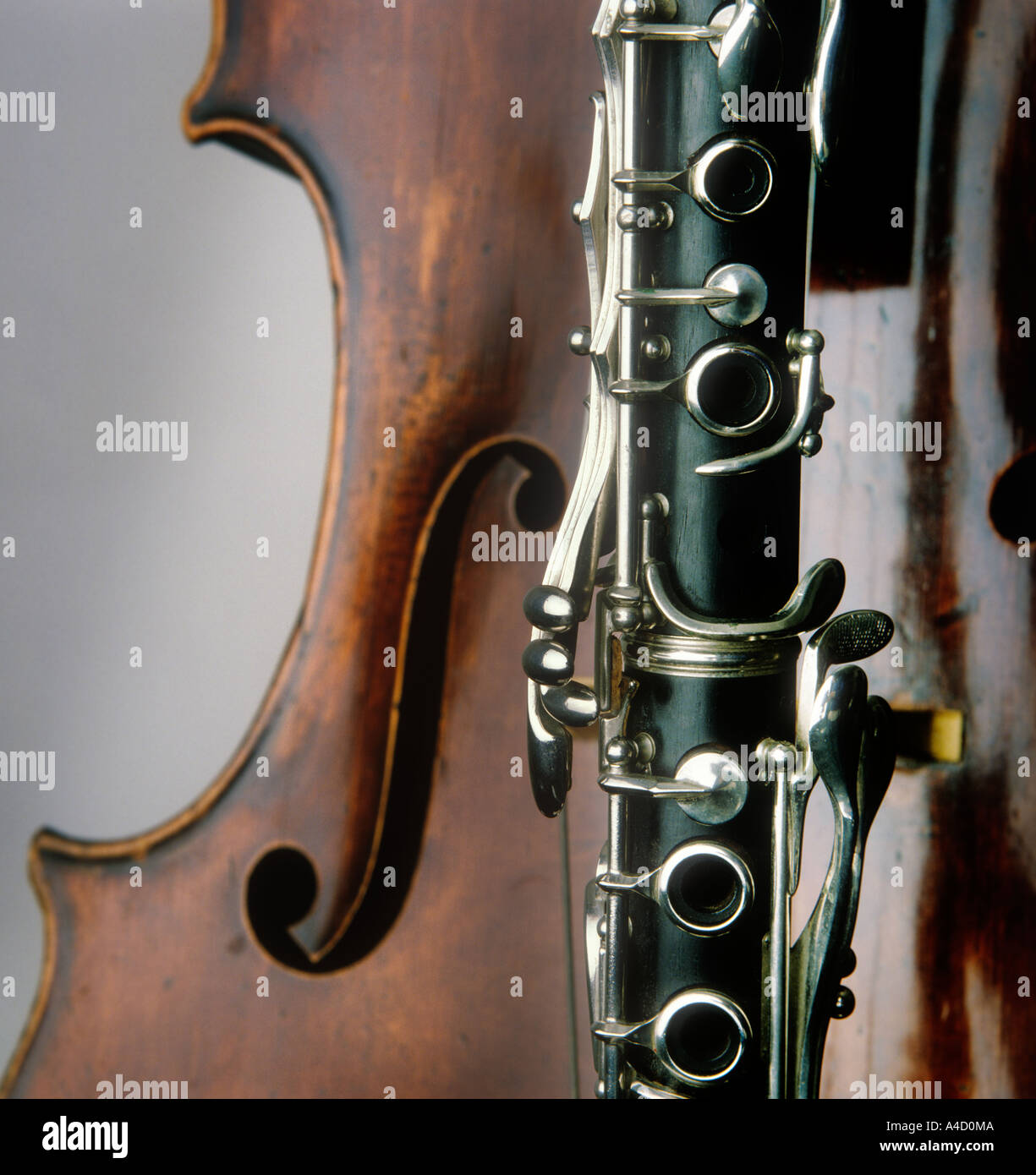 Clarinet and Cello still life close up. Stock Photo