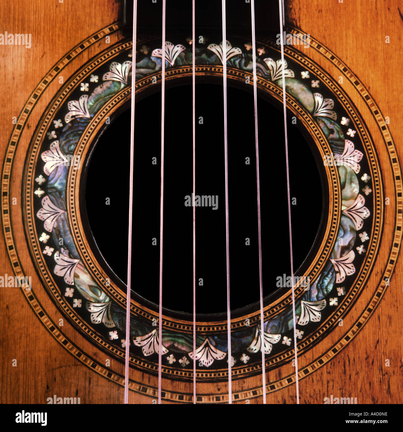 Ornamented guitar, very close up. Stock Photo
