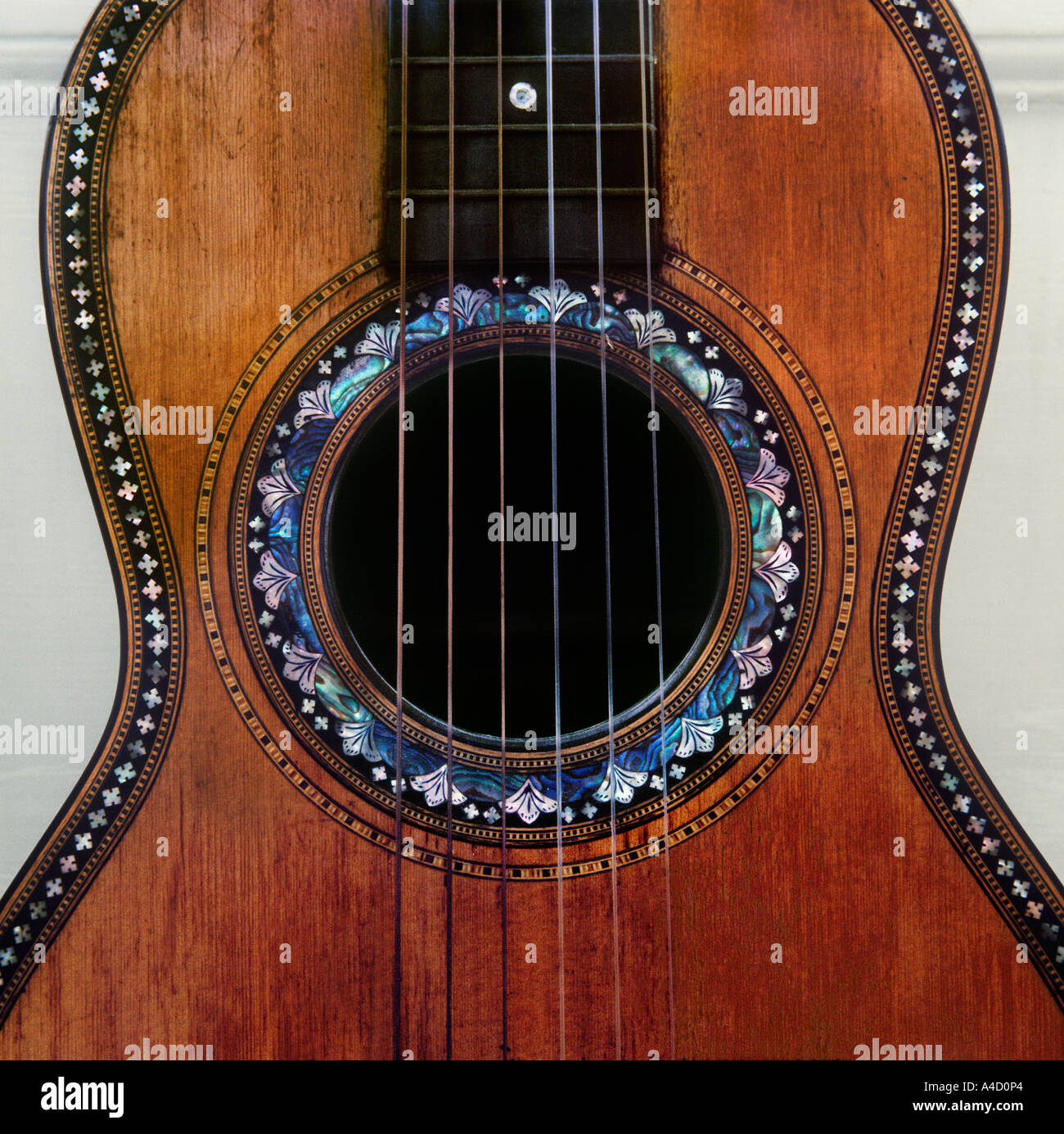 Ornamented guitar, close up. Stock Photo