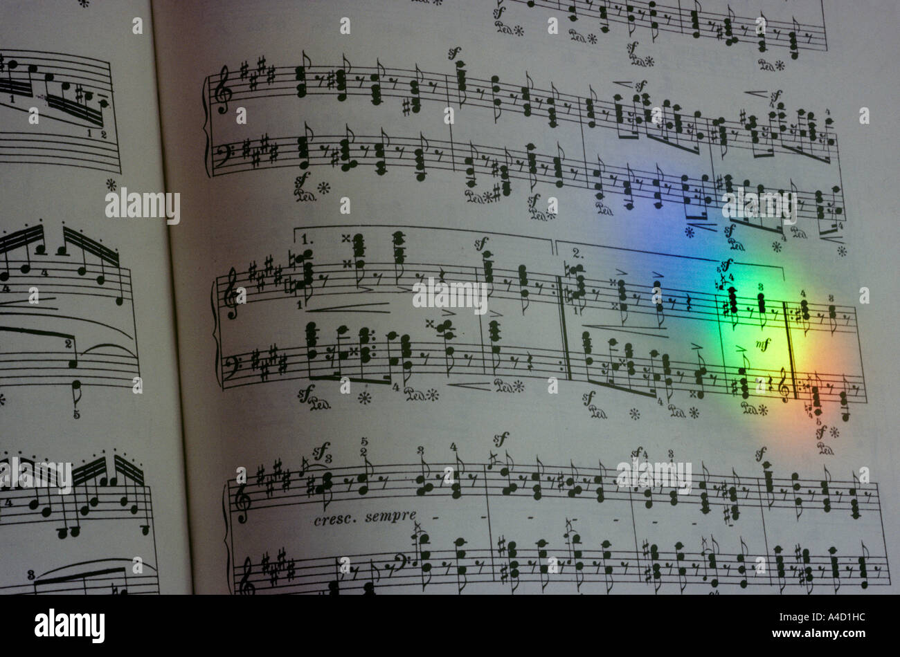 A rainbow of colours, cast by a prism, illuminates a page of piano music by Chopin. Stock Photo