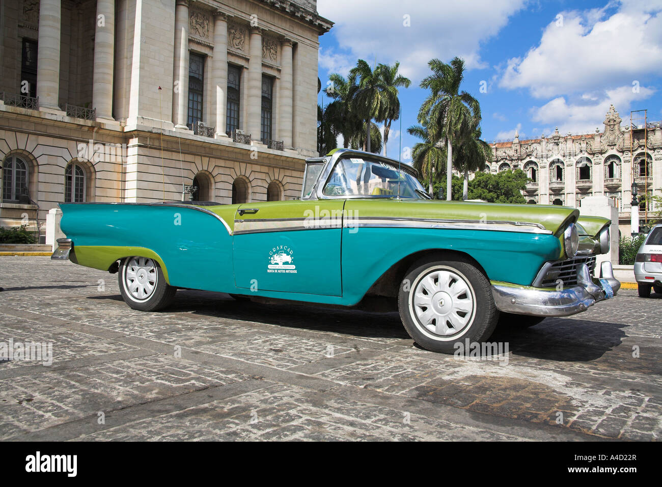 Classic 1957 American blue and green Ford convertible open top taxi, Havana, La Habana Vieja, Cuba Stock Photo