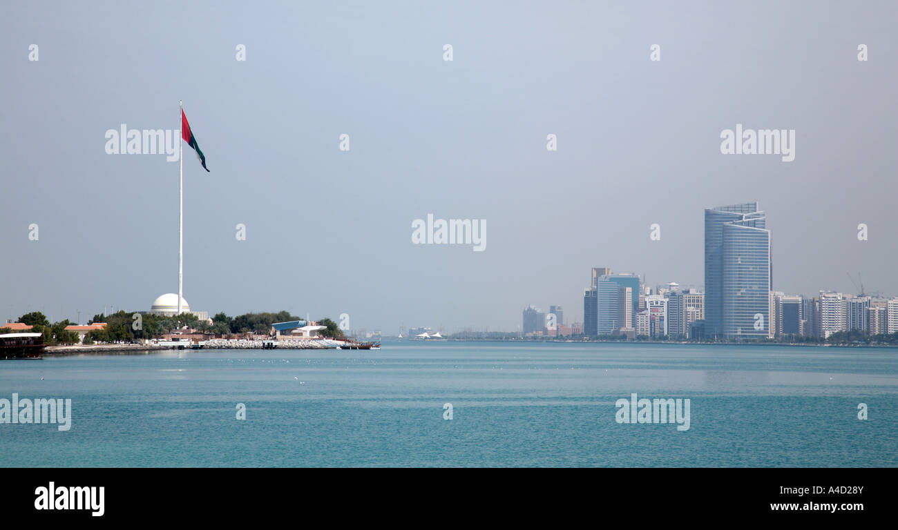 Abu Dhabi flag and city skyline, Abu Dhabi UAE Stock Photo