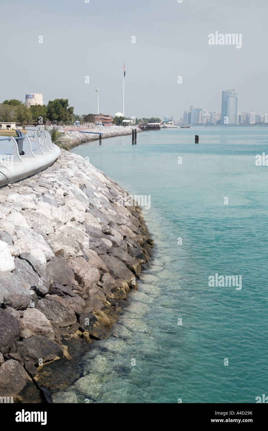 View along the shore towards  Abu Dhabi city, UAE Stock Photo