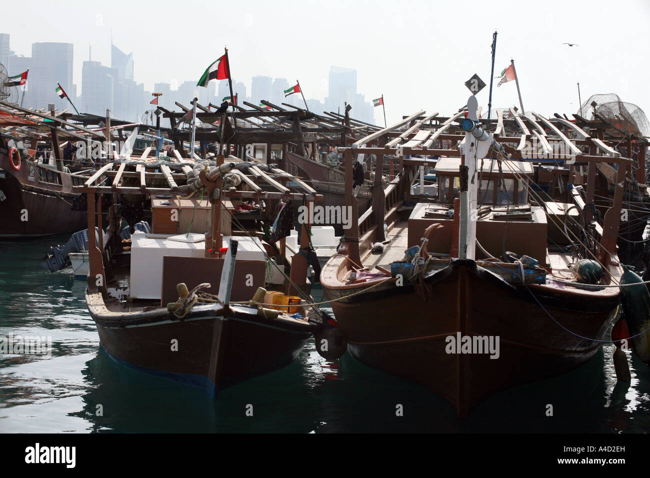 Dhows in the harbour against the modern city, Abu Dhabi, UAE Stock Photo
