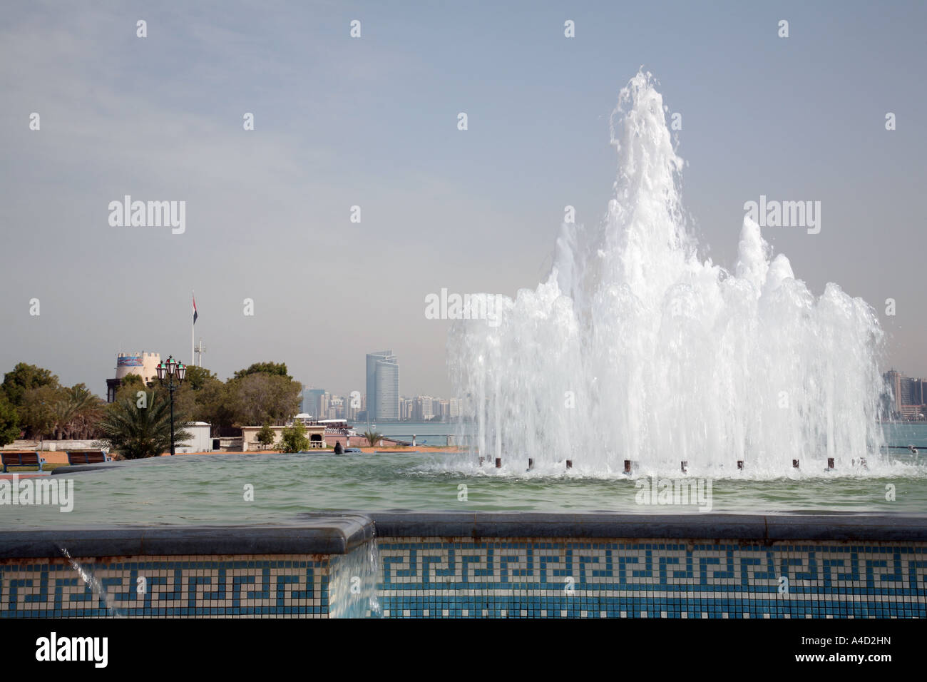 Fountains and skyline, Abu Dhabi city, UAE Stock Photo