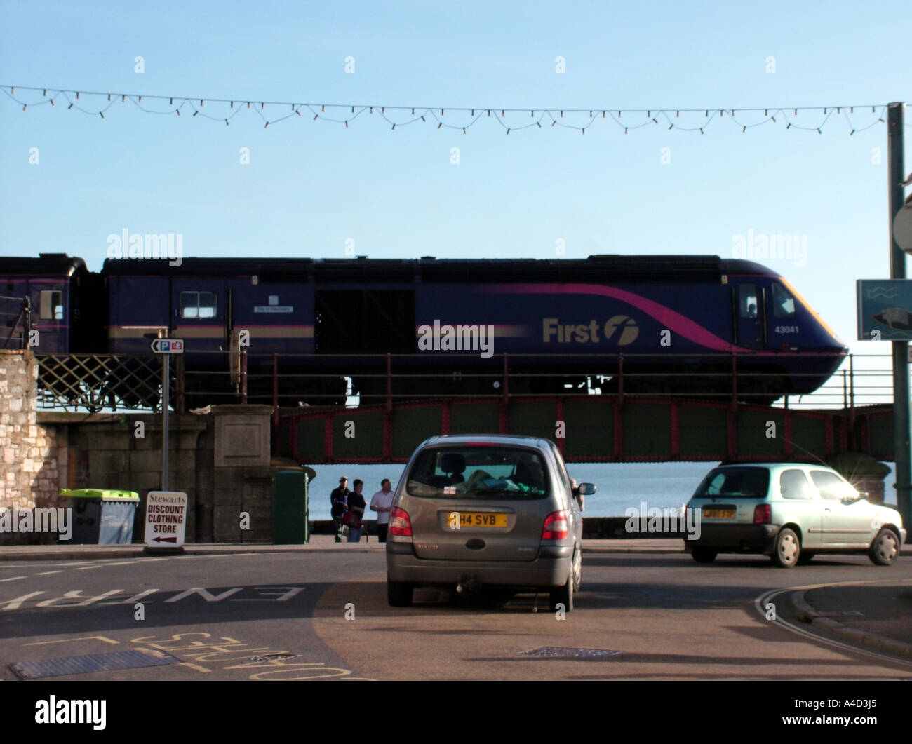 First Great Western railway engine on low bridge Dawlish seaside resort