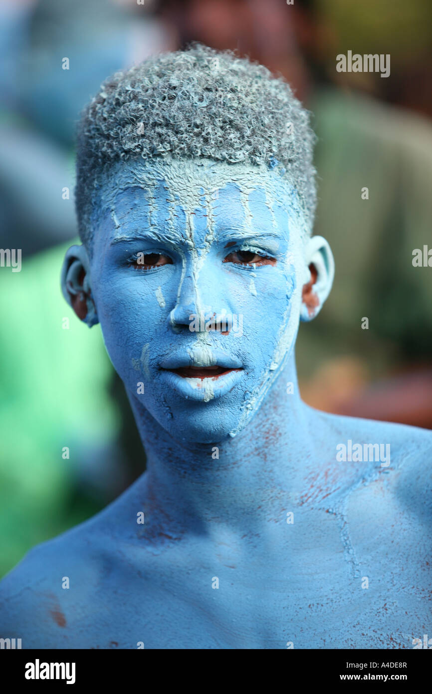 Man with blue painted face at the carnival Mindelo Cape Verde Stock Photo -  Alamy