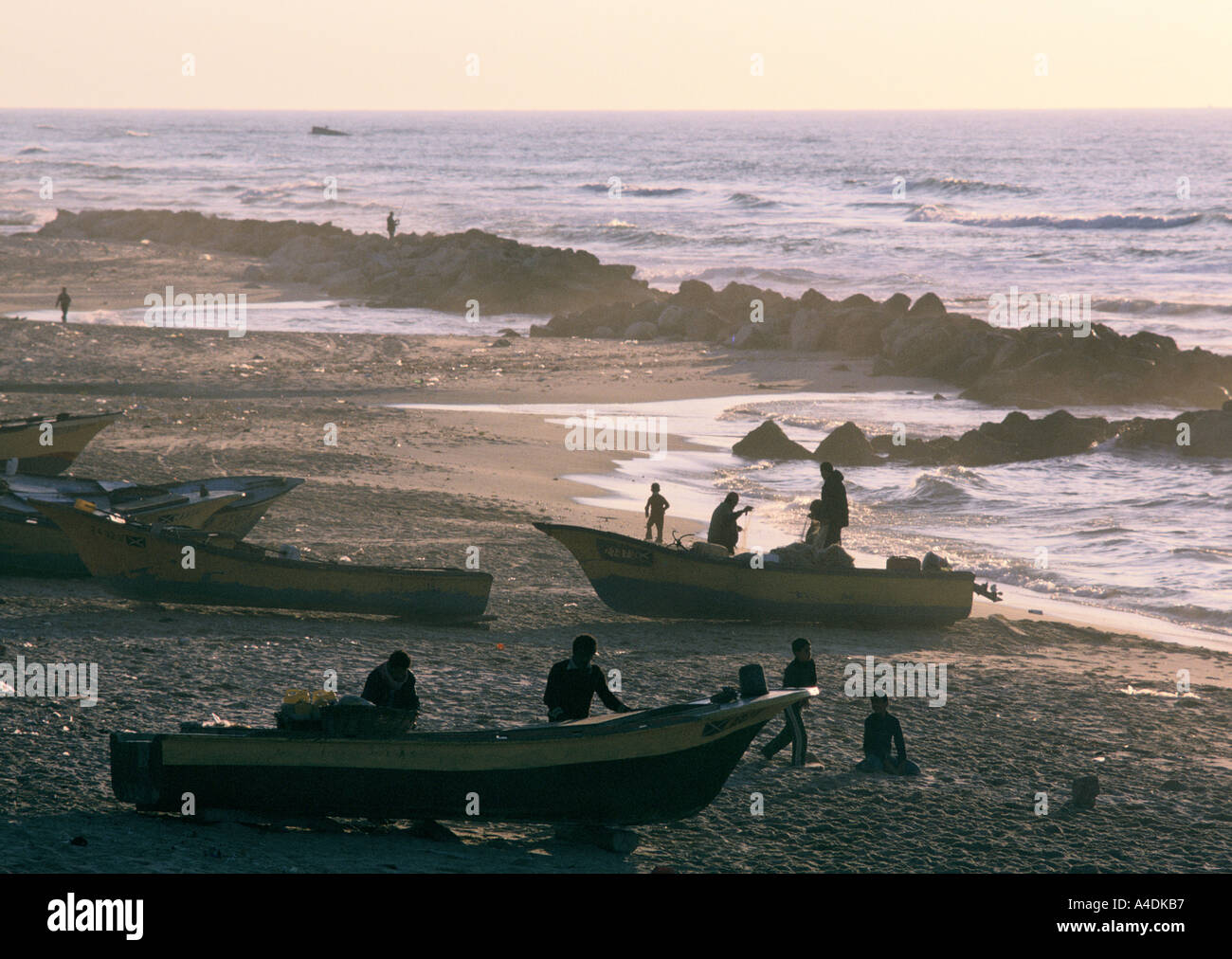 Boats ashore in Gaza, Israeli Occupied Territories Stock Photo