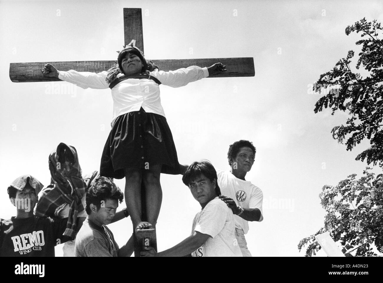A penitant is nailed to his cross. Kapitangan-Paombong, Philippines Stock Photo