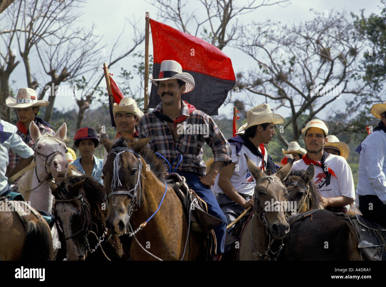 Sandinista Men on horses campaigning for the general election Nicaragua 1990 Stock Photo