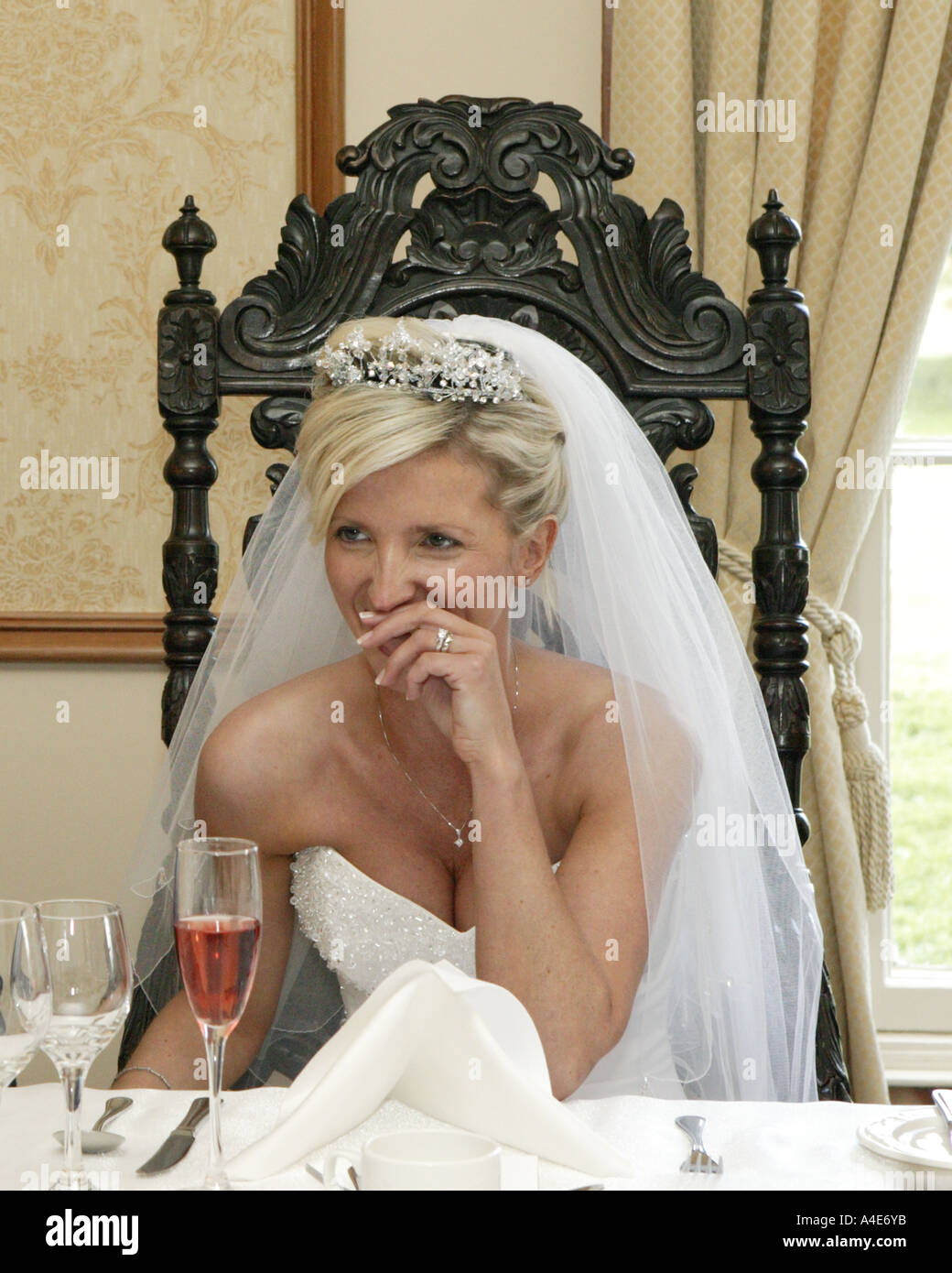 Bride during wedding speeches Stock Photo