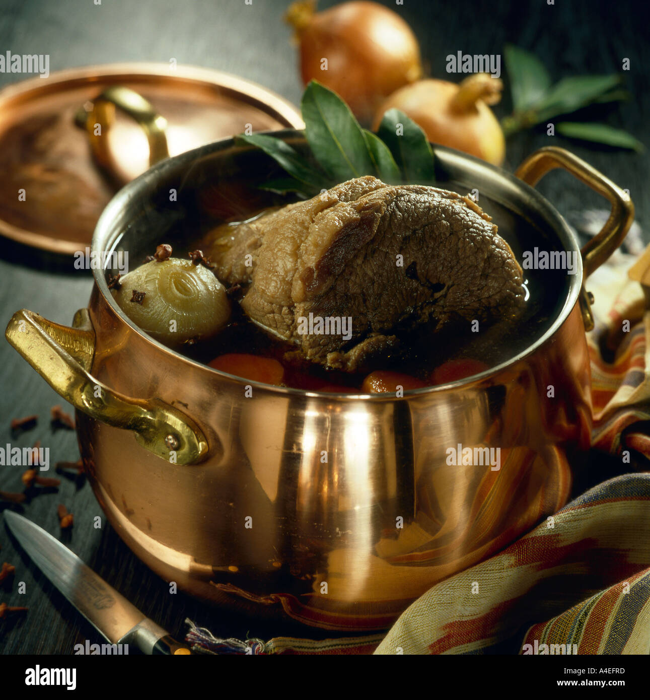 Brisket of beef braised in copper potwith bay leaf, onion, cloves