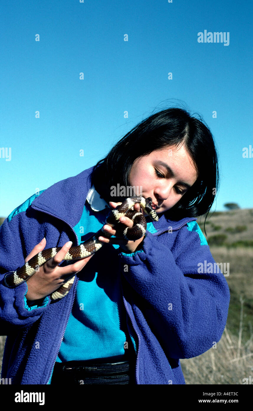 22298 girl 13 years old holds common kingsnake Lampropeltis getulus San Mateo County California USA Stock Photo