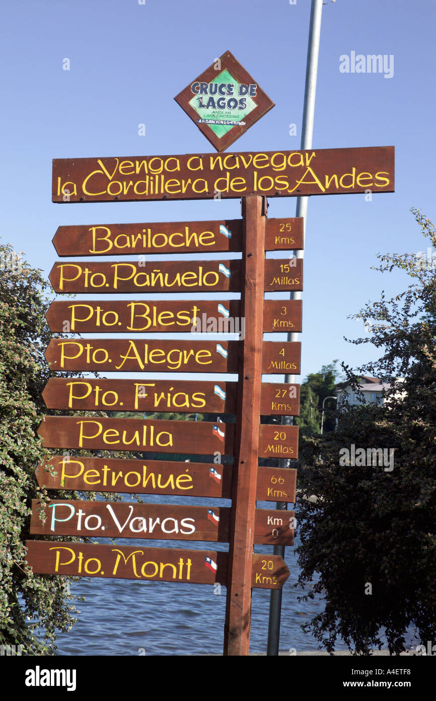 Direction sign at Lago llanquihue Lake Puerto Varas La Araucania Lake District Chile South America Stock Photo