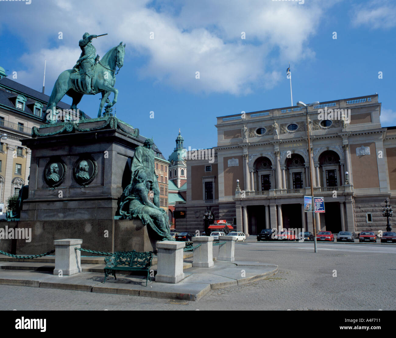 Equestrian statue of Gustavus Adolphus, Gustav Adolfs Torg with the Opera House beyond, Norrmalm, Stockholm, Sweden. Stock Photo