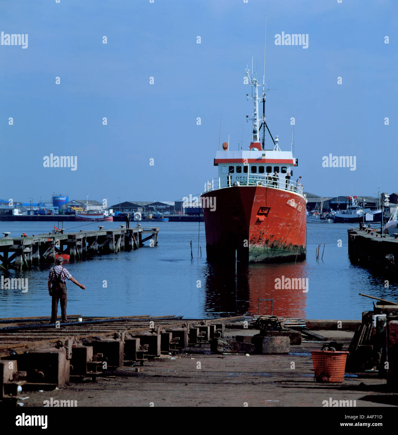 Ship being aligned with a slipway, ship repair yard, Grimsby Stock