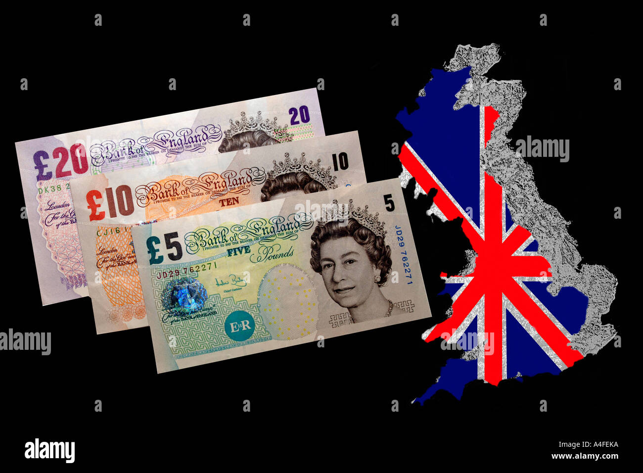 A selection of different English Pound notes and coins Stock Photo