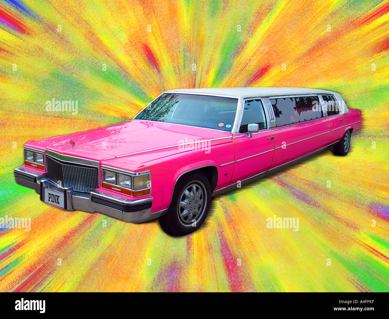 Pink Cadillac Stretch Limousine limo against a starburst background