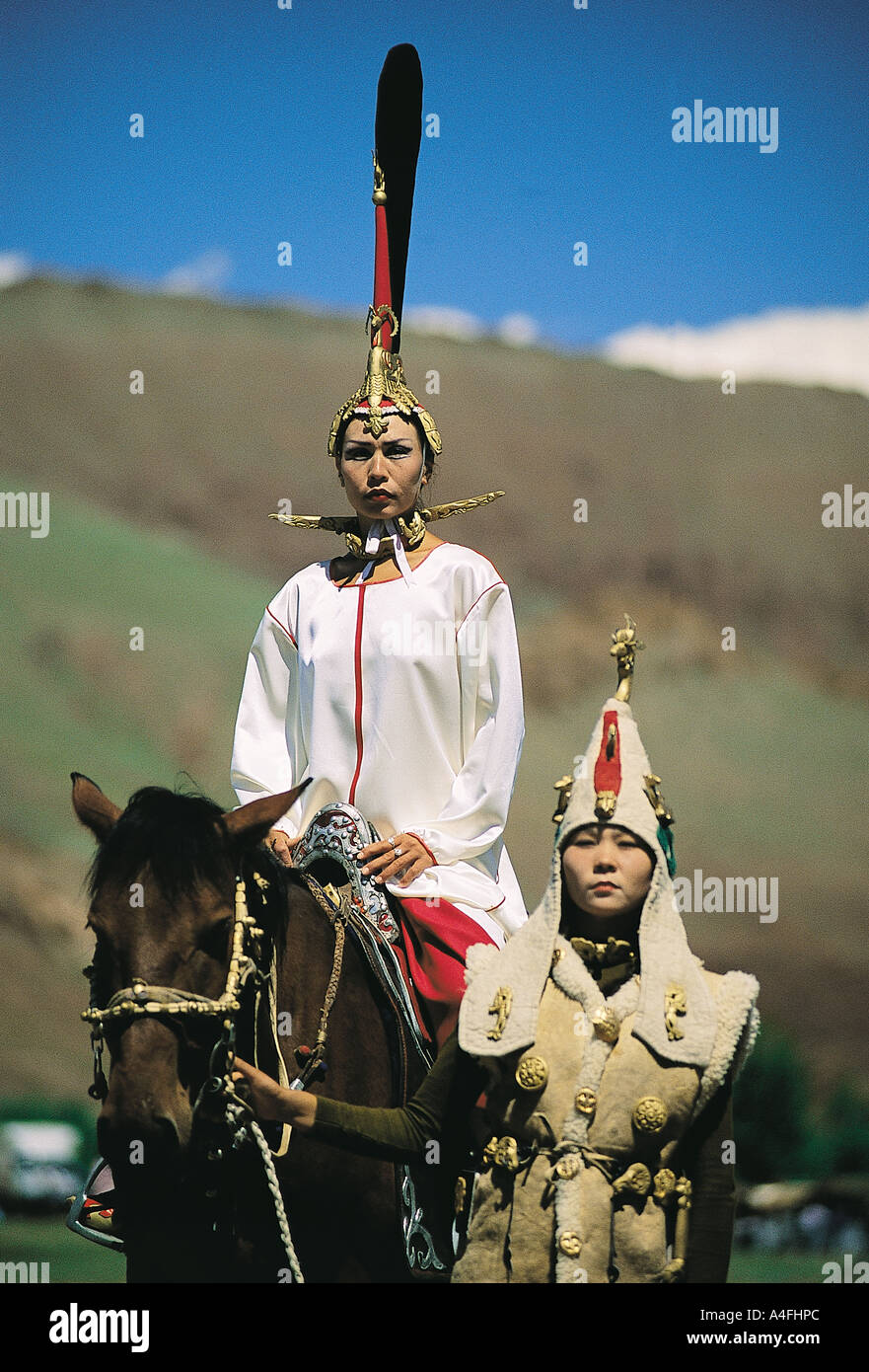 El Oyun festival and personification of Turkic princess, Ukok Plain, Altai Mountains Russia. Stock Photo