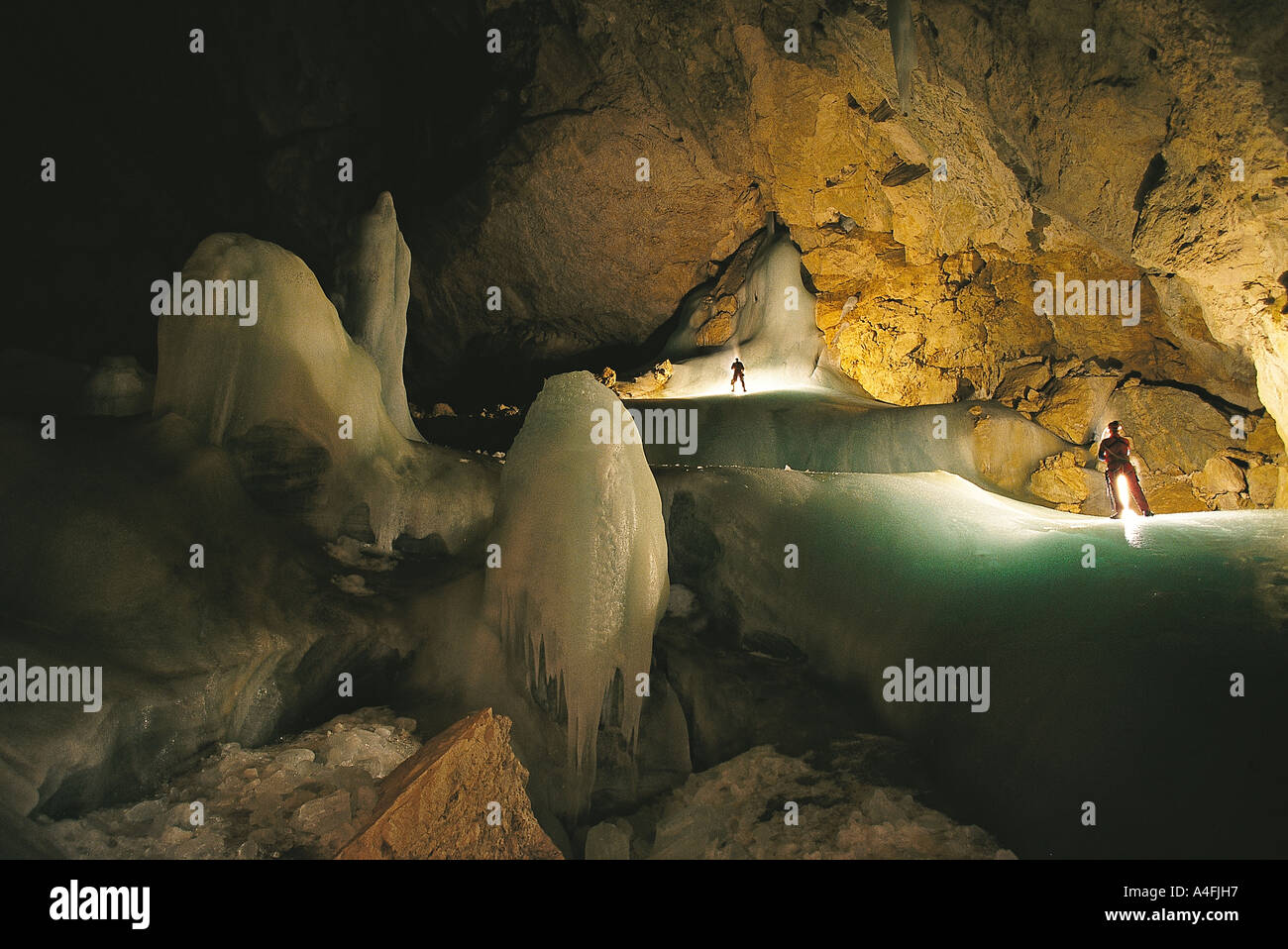 Schwarzmooskogel cave and ice lake in Totes Gebirge, Austria. Stock Photo