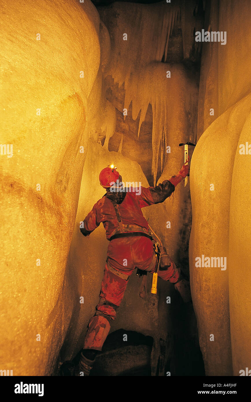 Caving in Schwarzmooskogel cave in Totes Gebirge, Austria. Stock Photo