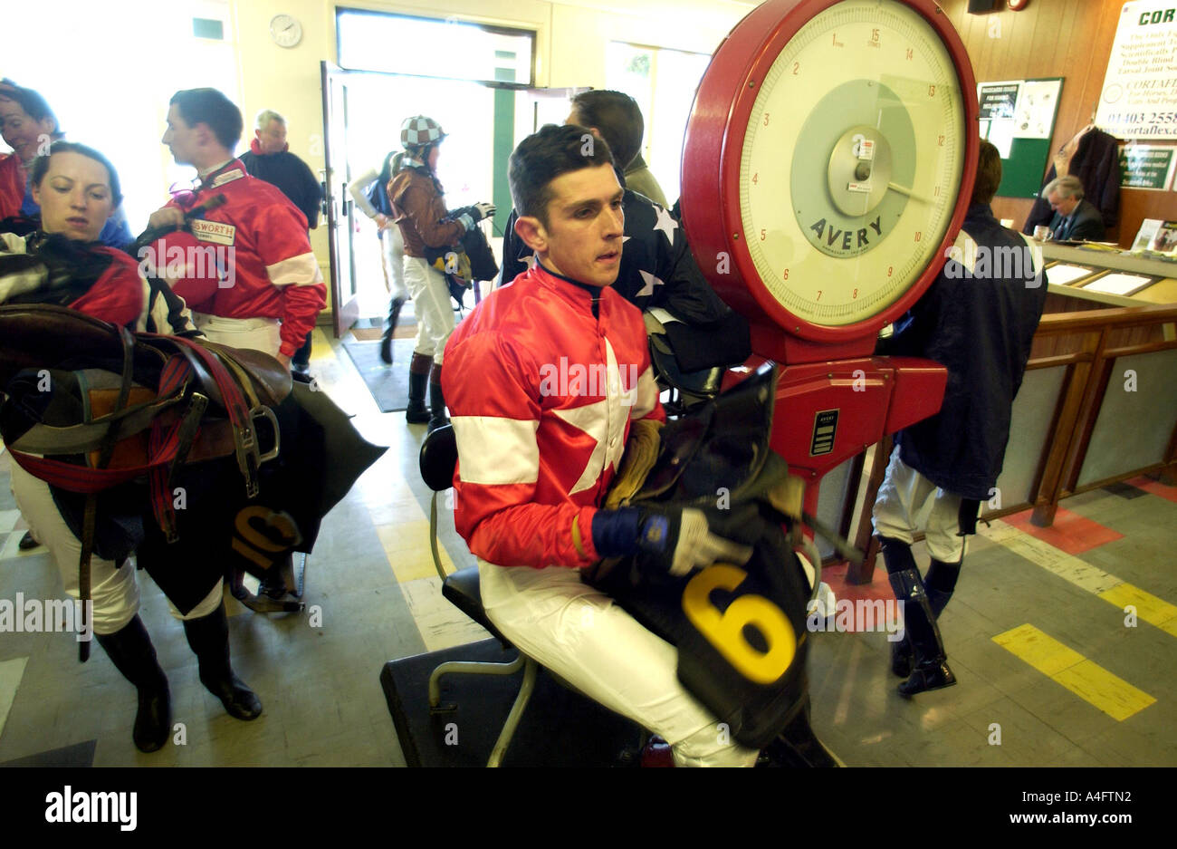 Weighing in before a horse race at Lingfield Park, Surrey Stock Photo