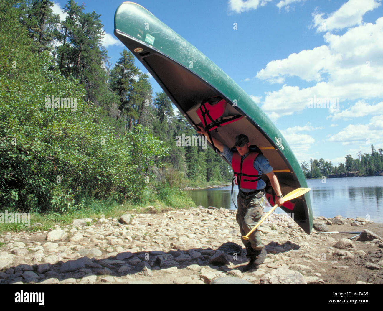 Usa Minnesota BWCA Boundary Waters portage transporting the canoe Stock