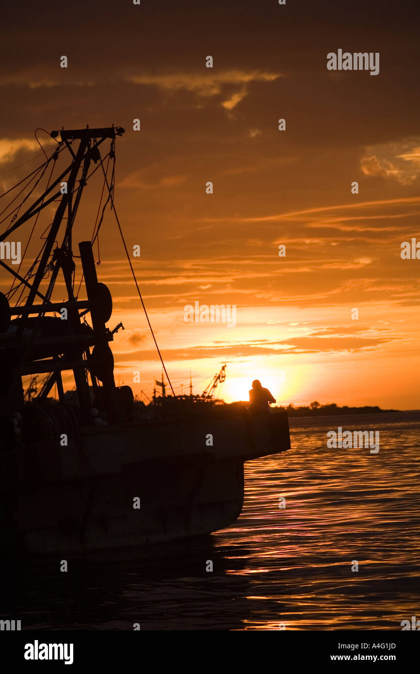 Malaysia Borneo Sabah Kota Kinabalu South China seafront fishing boats sunset Stock Photo