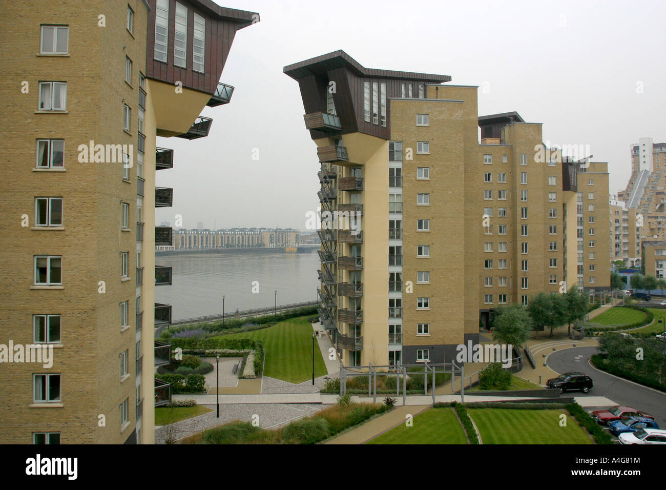 Exterior of Millenium Court modern block of flats in Docklands East