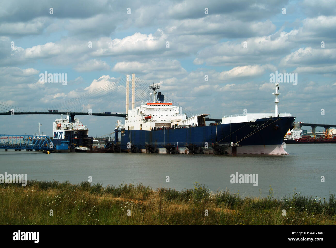 Shipping alongside Thames jetty close to Dartford bridge river crossing Stock Photo Alamy