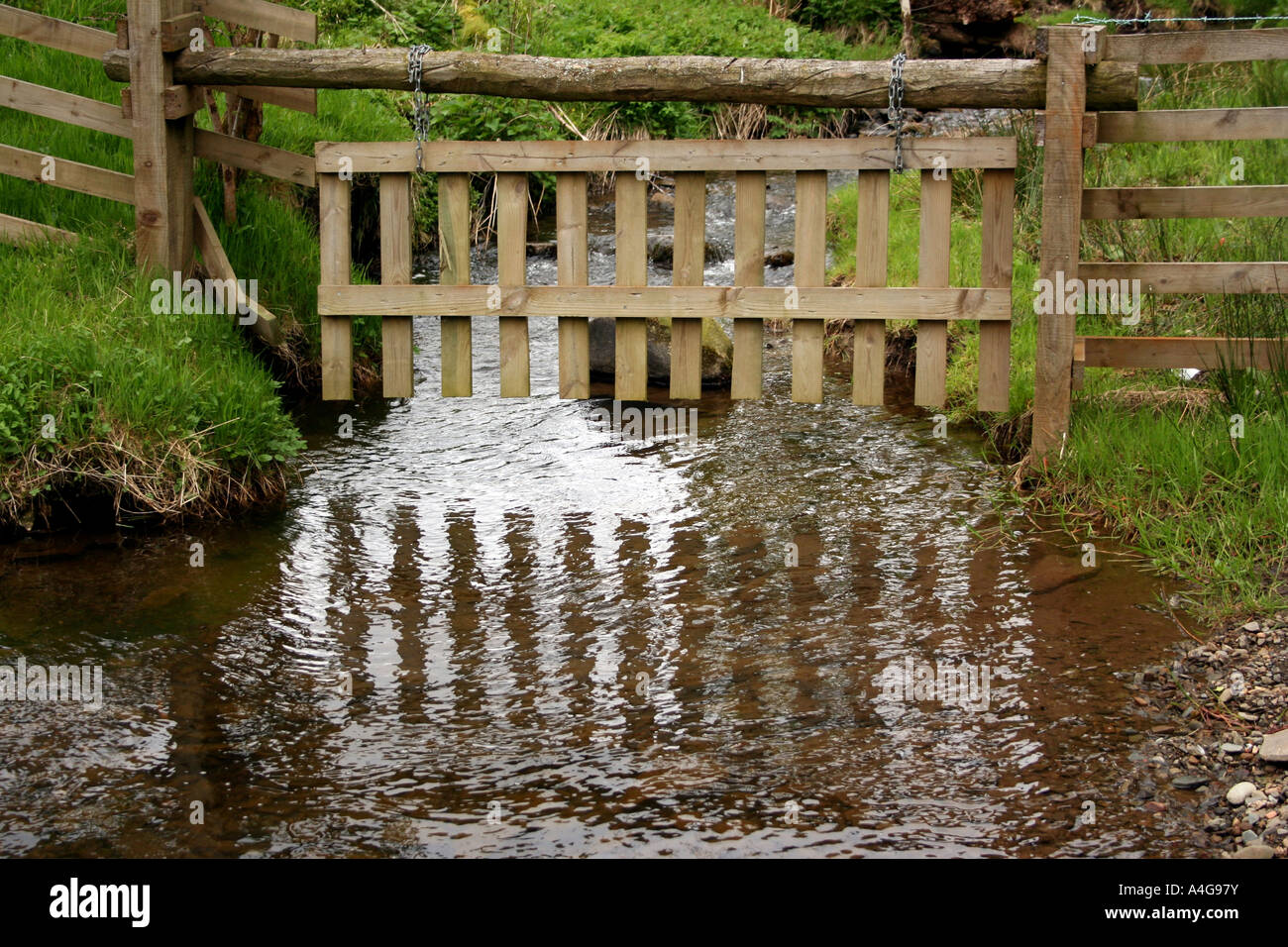 Wooden fence over water stream rivulet in Scottish rural countryside Stock Photo