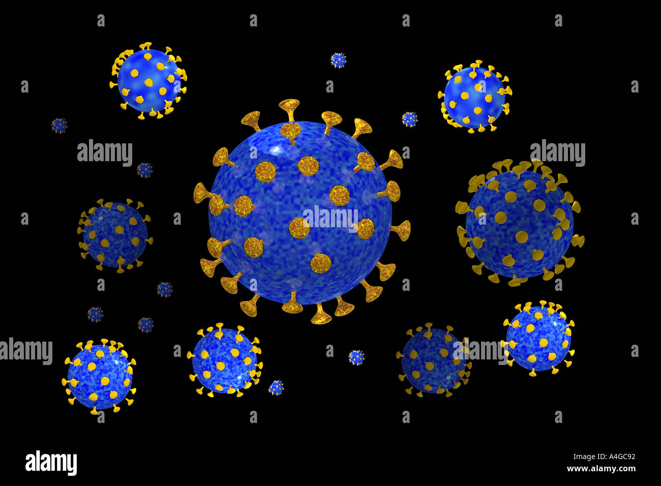 Model of HIV human immunodeficiency virus particles showing the surface of the virus coated with glycoprotein knobs  Stock Photo