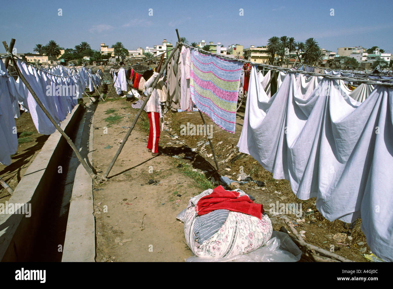 Pakistan Sind Karachi washing drying at Dhobi Ghat laundry area Stock Photo