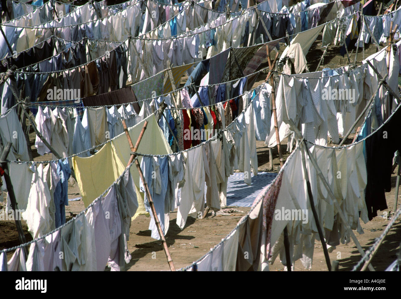 Pakistan Sind Karachi washing drying at Dhobi Ghat laundry area Stock Photo