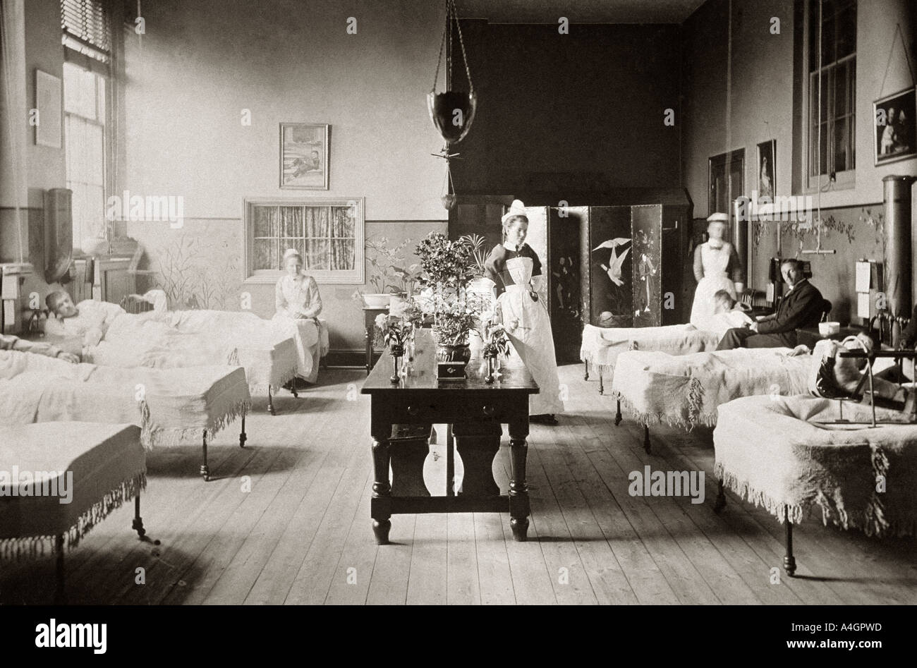 A photograph of a victorian hospital ward, circa 1890. Stock Photo