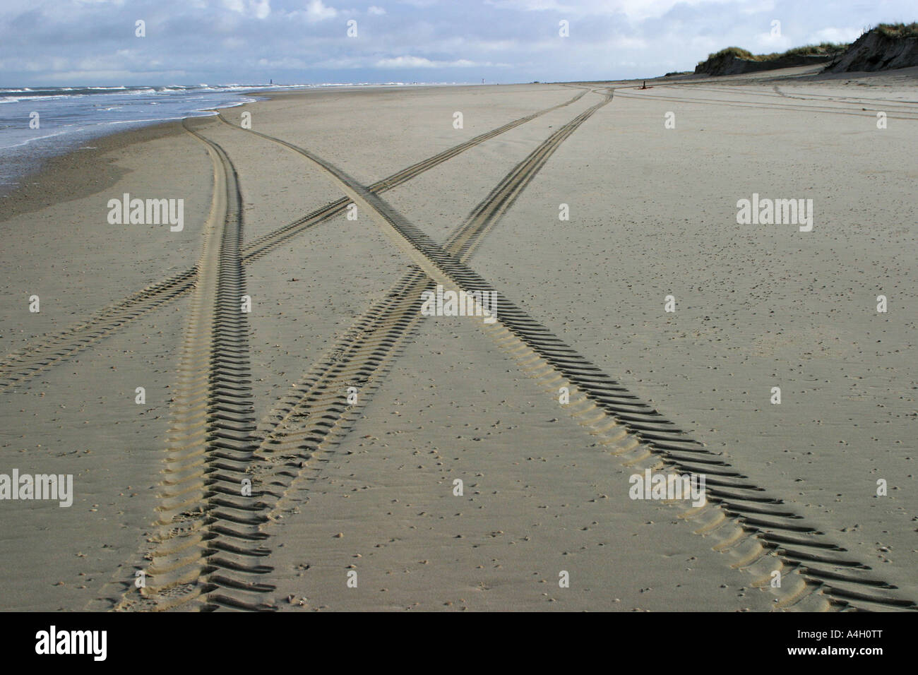 Crossing tire tracks, North Sea beach, Wangerooge, Lower Saxony, Germany Stock Photo