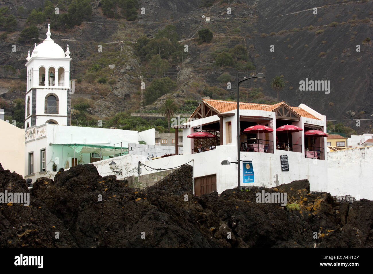 Church and restaurant in Garachico, Teneriffe, Canary Islands, Spain Stock Photo