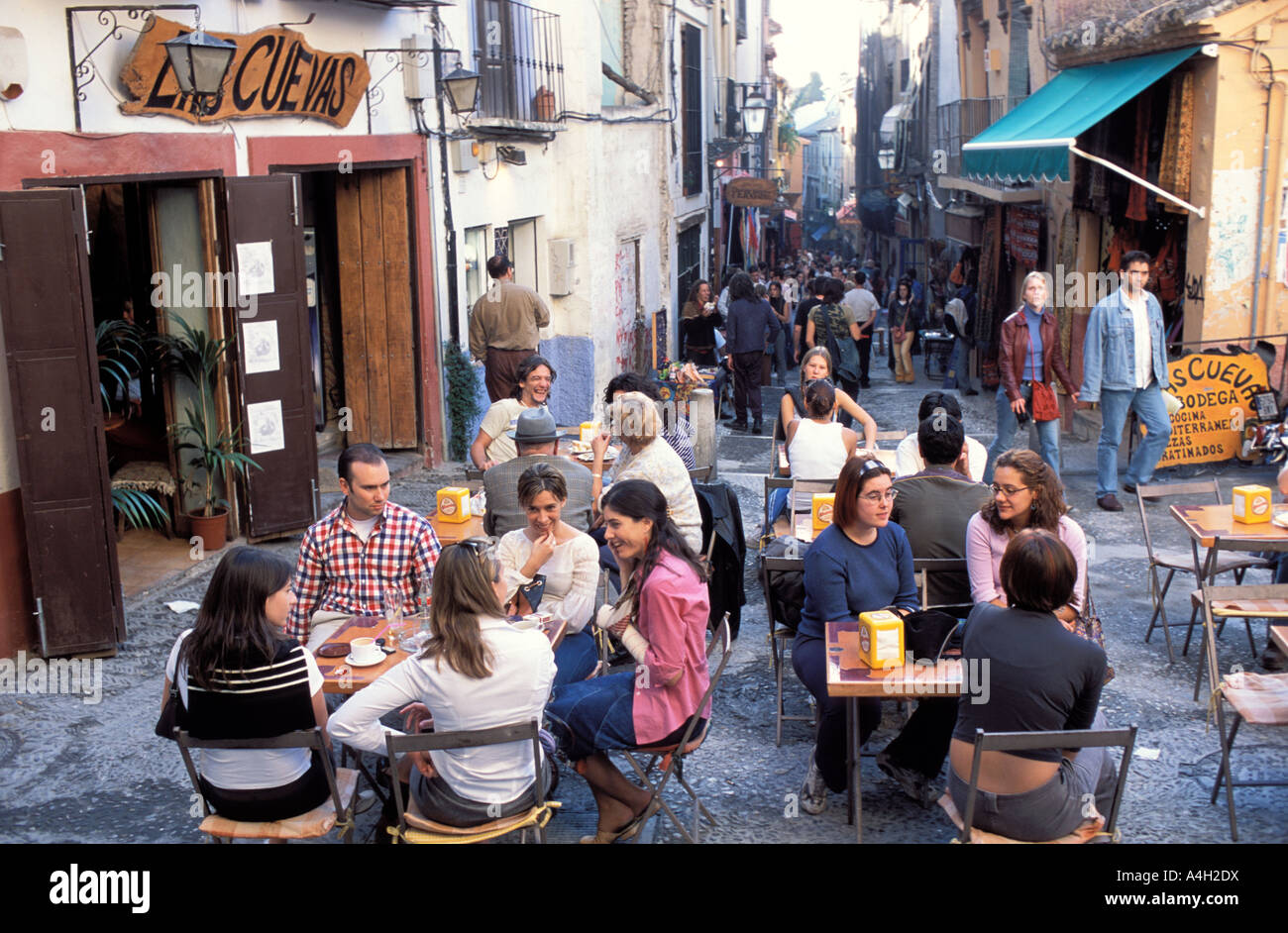 Sidewalk cafe in the Albaicin district, Granada , Andalusia , Spain , Europe Stock Photo