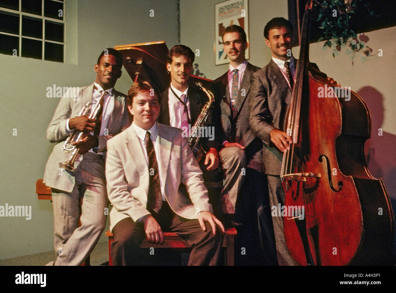 Group of young jazz musicians including trumpeter Marcus Printup at left in a in St