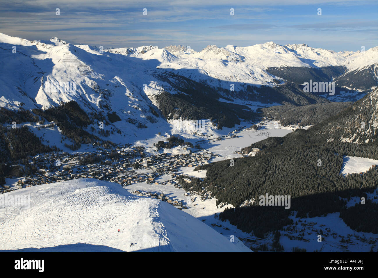 View towards Davos, Davos Lake and Praettigau Valley as seen from Jakobshorn Mountain