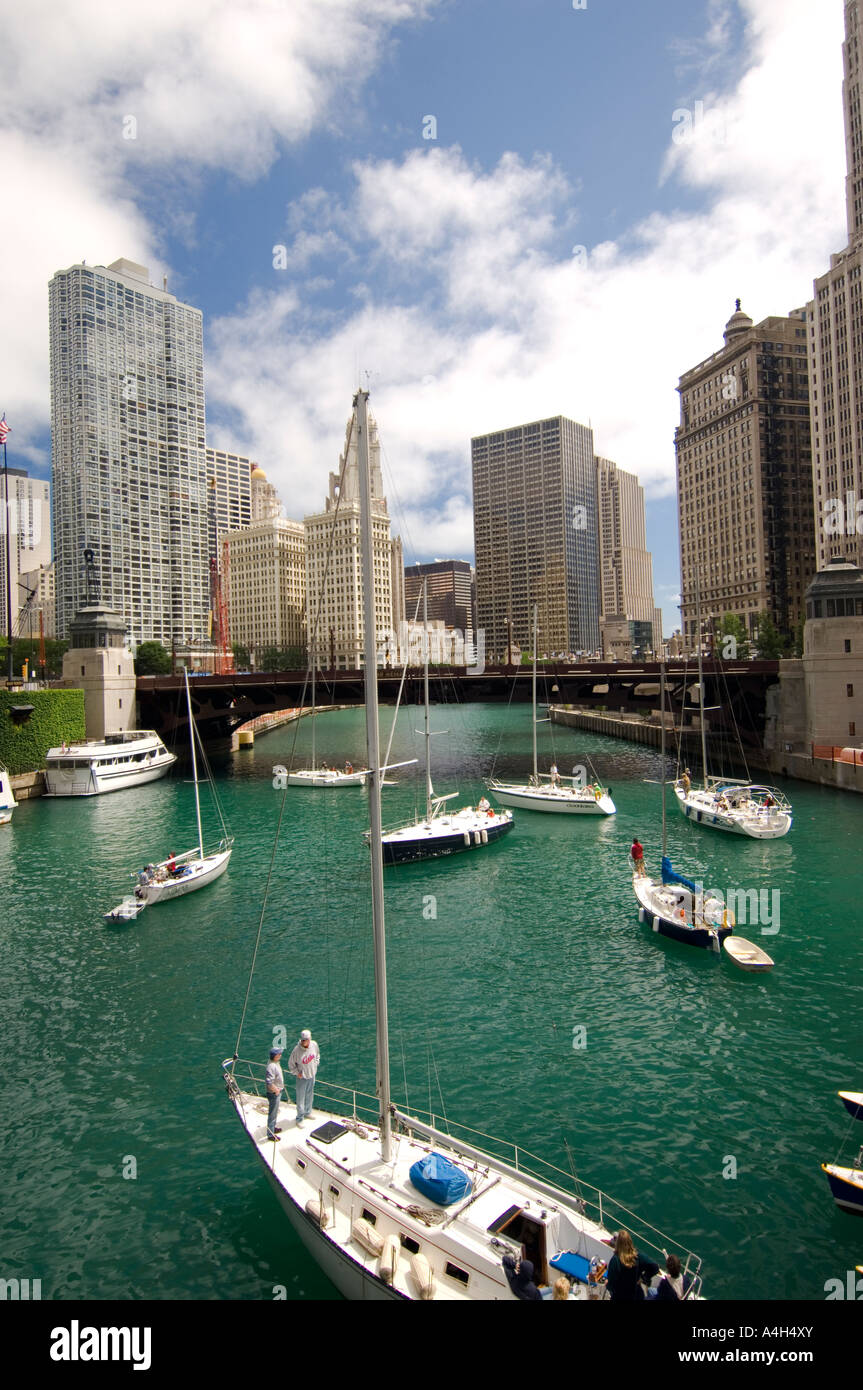Sail boats on the Chicago River Chicago Illinois Stock Photo