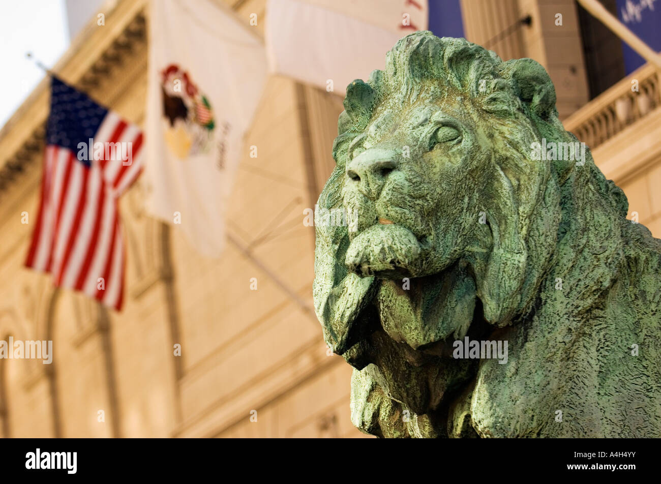 The bronze lion statue at the entrance of the Art Institute in Chicago Illinois Stock Photo