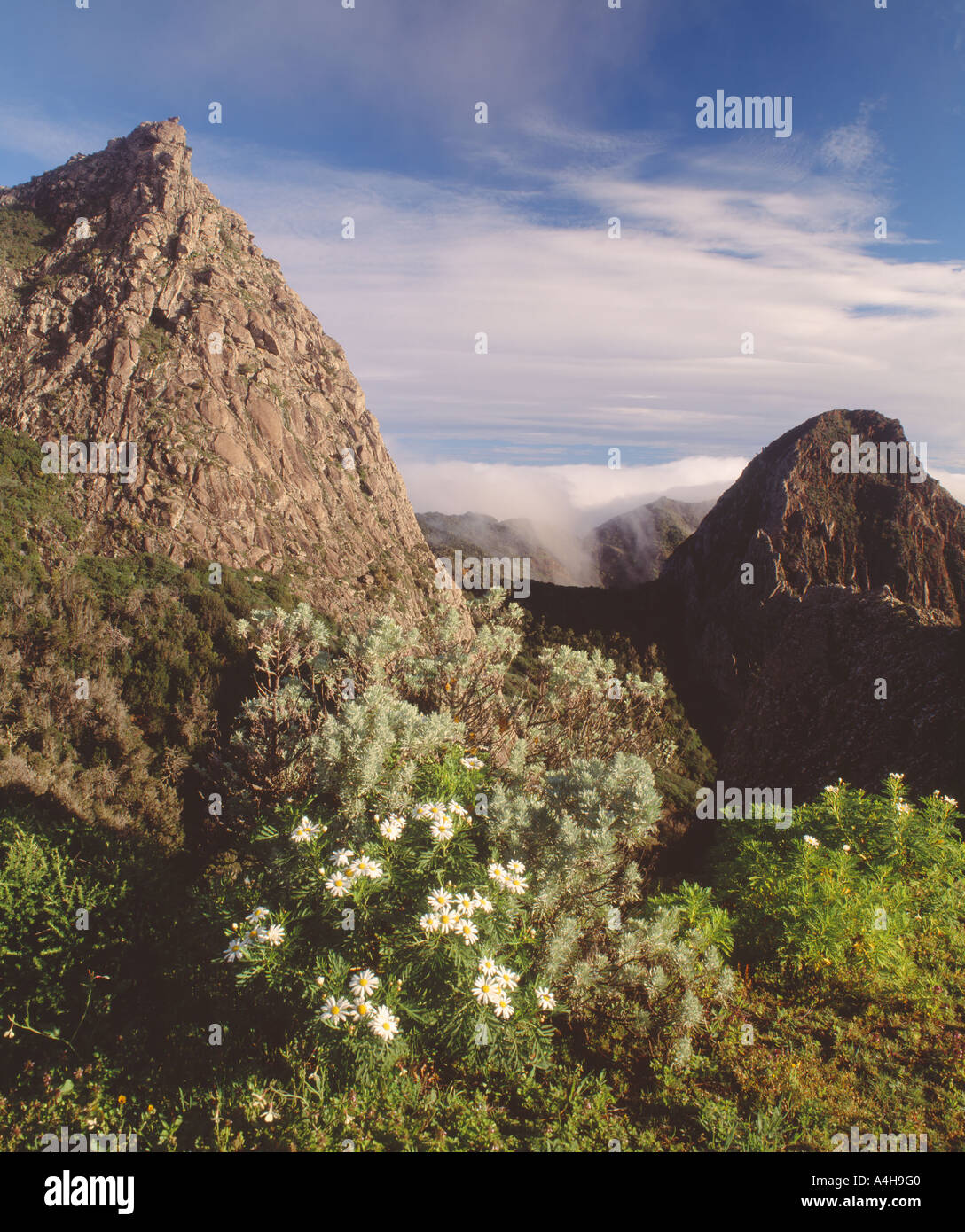 Spain, Canary Islands, La Gomera, El Monumento Natural de los Roques, Roque de Agando with Roque de Ojila to the right Stock Photo