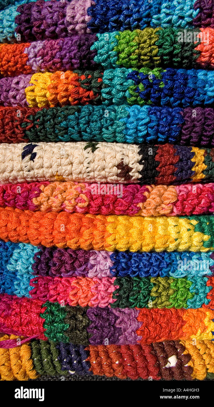 Crochet knitted hats being sold on a stall in Panajachel As sold in Antigua Chichicastenango and other popular tourist hotspots Stock Photo