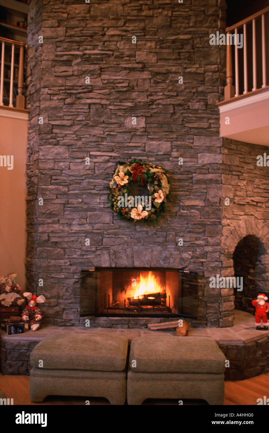 fireplace scene in suburban home Stock Photo
