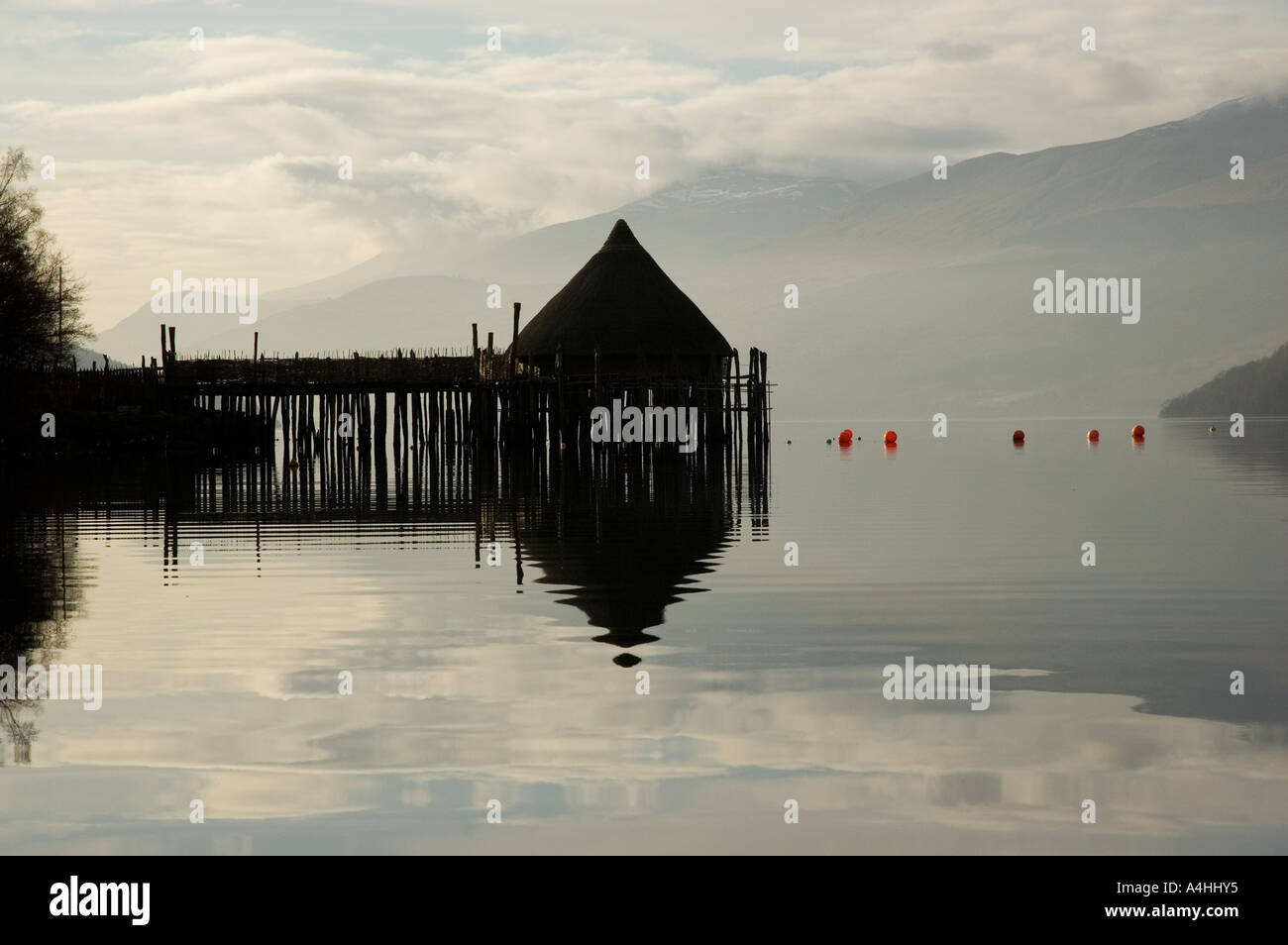 An unique reconstruction of an early Iron Age loch-dwelling at the Scottish Crannog Centre,Loch Tay, Kenmore, Scotland Stock Photo